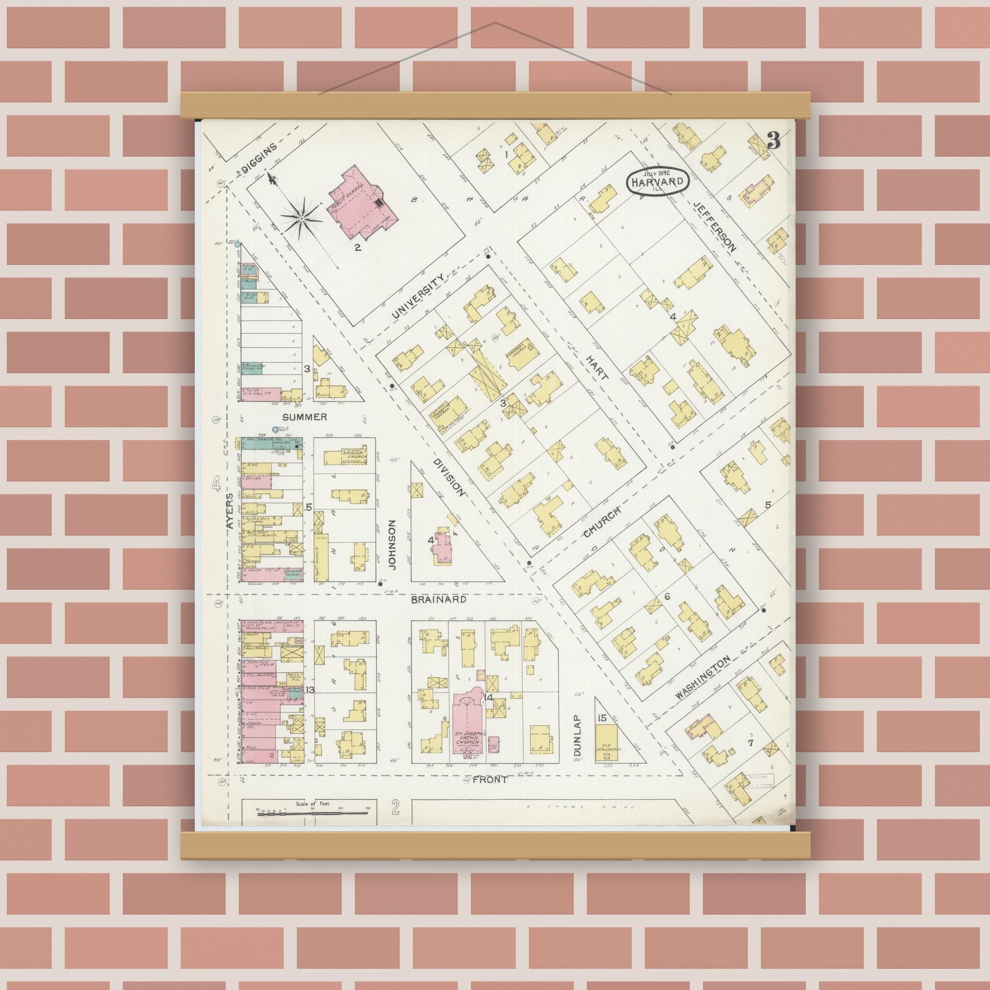 Old map wall art mockup — magnetic wood frame on brick wall — Sanborn Fire Insurance Map from Harvard, McHenry County, Illinois (1892), Sheet #0003