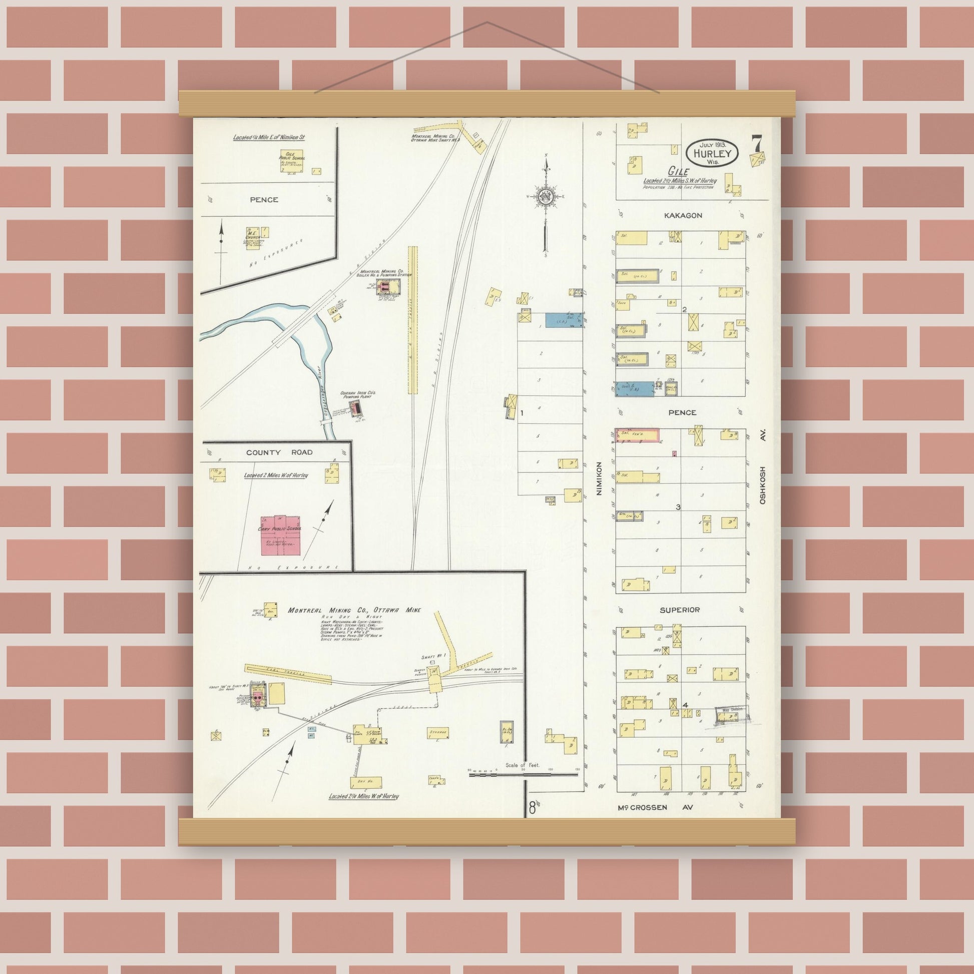 Old map wall art mockup — magnetic wood frame on brick wall — Sanborn Fire Insurance Map from Hurley, Iron County, Wisconsin (1913), Sheet #0007