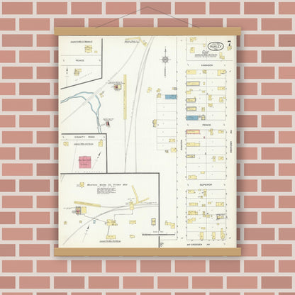 Old map wall art mockup — magnetic wood frame on brick wall — Sanborn Fire Insurance Map from Hurley, Iron County, Wisconsin (1913), Sheet #0007