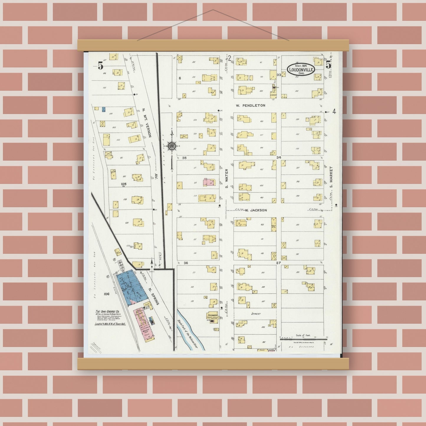 Old map wall art mockup — magnetic wood frame on brick wall — Sanborn Fire Insurance Map from Loudonville, Ashland County, Ohio (1924), Sheet #0005