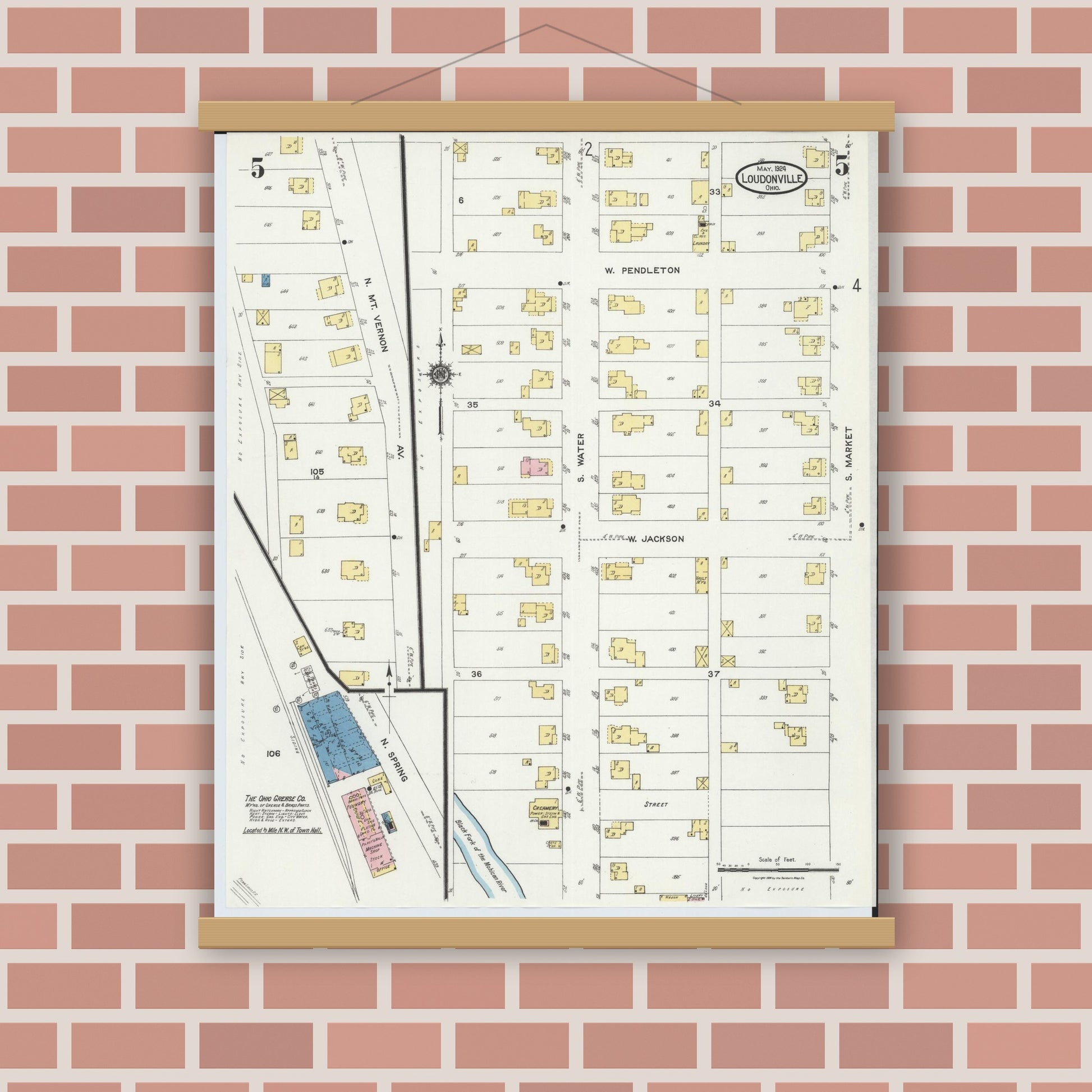Old map wall art mockup — magnetic wood frame on brick wall — Sanborn Fire Insurance Map from Loudonville, Ashland County, Ohio (1924), Sheet #0005