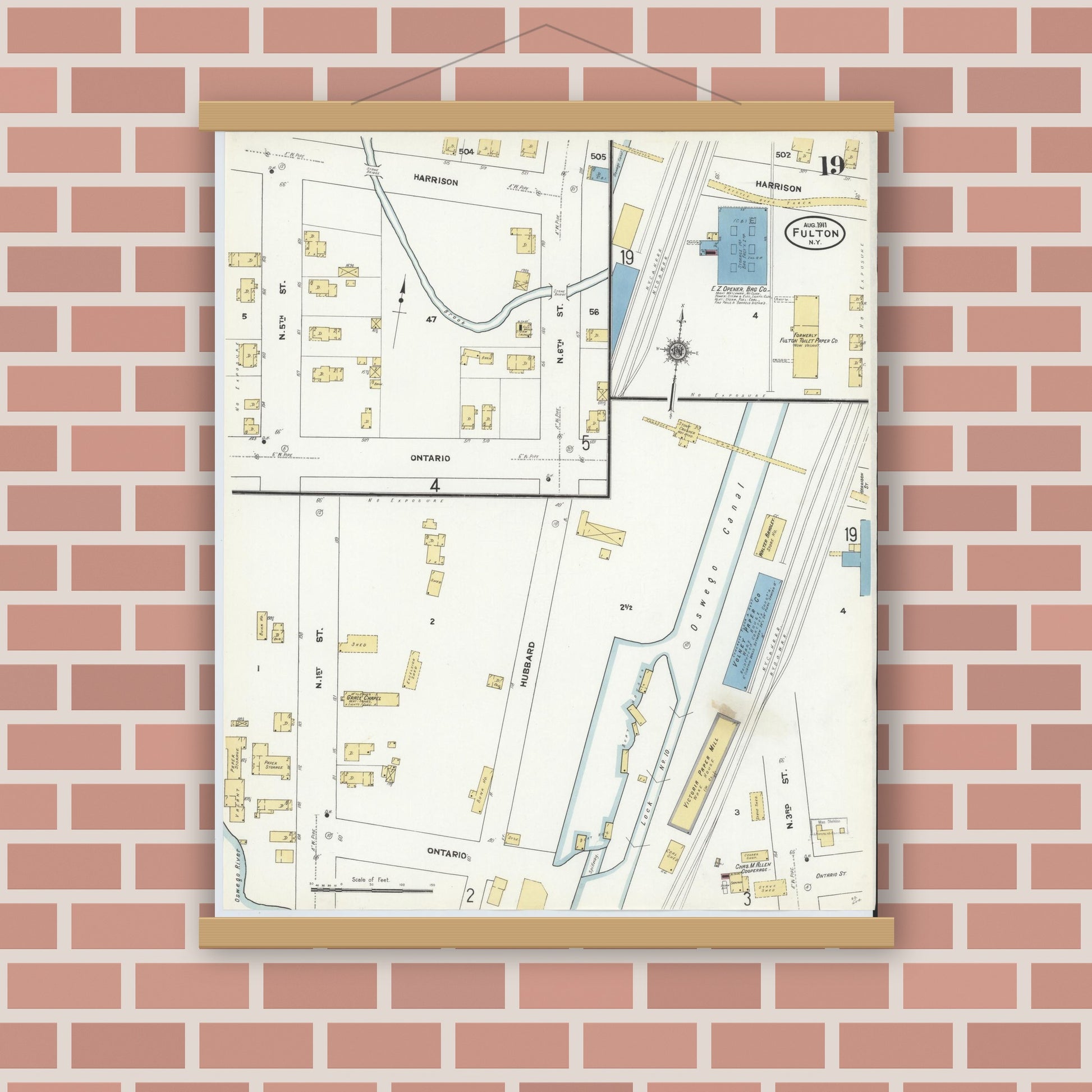Old map wall art mockup — magnetic wood frame on brick wall — Sanborn Fire Insurance Map from Fulton, Oswego County, New York (1911), Sheet #0019