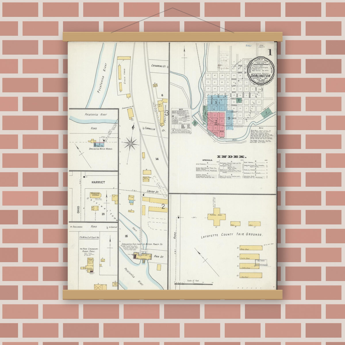 Old map wall art mockup — magnetic wood frame on brick wall — Sanborn Fire Insurance Map from Darlington, Lafayette County, Wisconsin (1900) - Complete Map Set