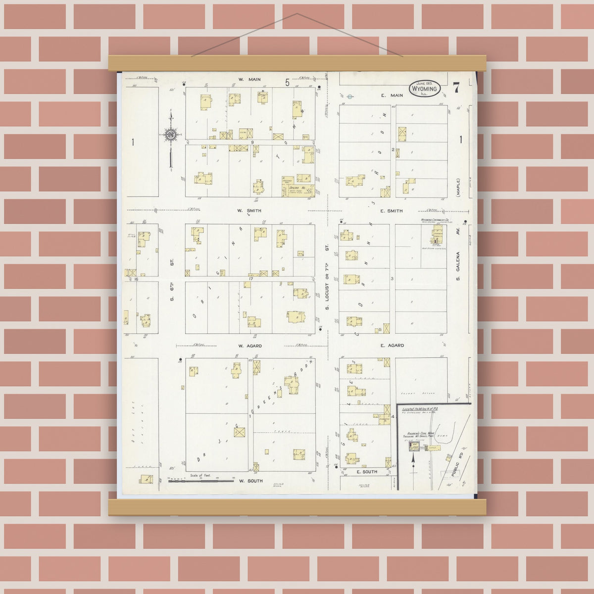 Old map wall art mockup — magnetic wood frame on brick wall — Sanborn Fire Insurance Map from Wyoming, Stark County, Illinois (1913), Sheet #0007