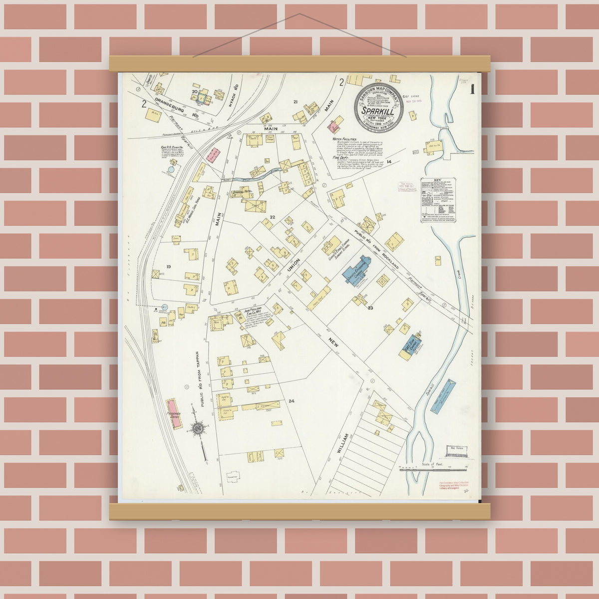 Old map wall art mockup — magnetic wood frame on brick wall — Sanborn Fire Insurance Map from Sparkill, Rockland County, New York (1910) - Complete Map Set