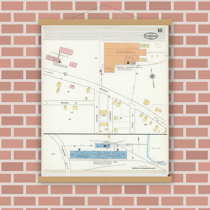 Old map wall art mockup — magnetic wood frame on brick wall — Sanborn Fire Insurance Map from Framingham, Middlesex County, Massachusetts (1915), Sheet #0018