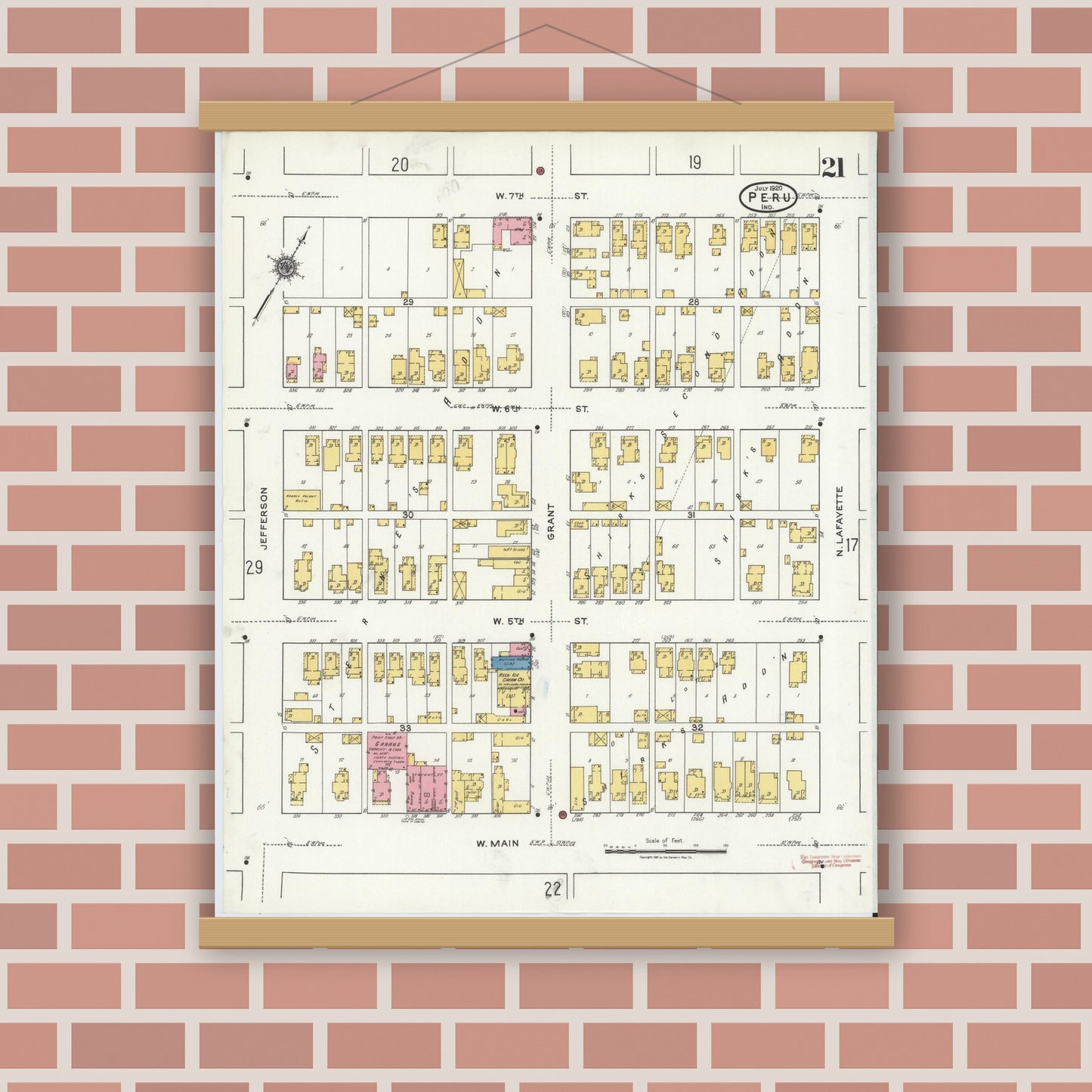 Old map wall art mockup — magnetic wood frame on brick wall — Sanborn Fire Insurance Map from Peru, Miami County, Indiana (1920), Sheet #0021