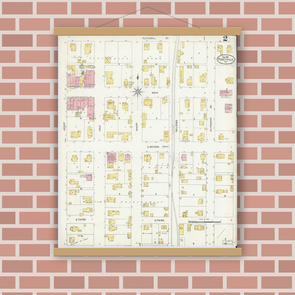 Old map wall art mockup — magnetic wood frame on brick wall — Sanborn Fire Insurance Map from Poseyville, Posey County, Indiana (1907), Sheet #0002