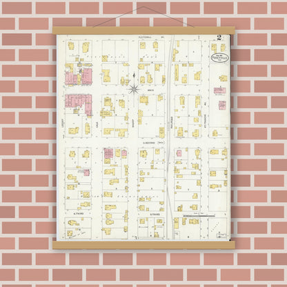 Old map wall art mockup — magnetic wood frame on brick wall — Sanborn Fire Insurance Map from Poseyville, Posey County, Indiana (1907), Sheet #0002