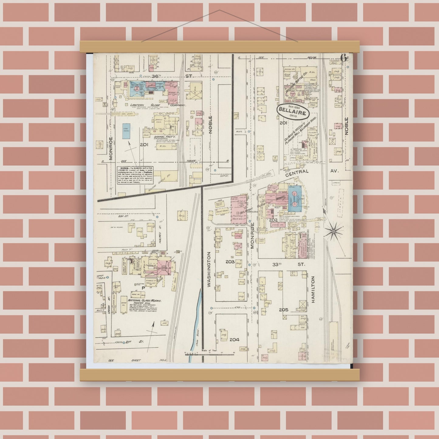 Old map wall art mockup — magnetic wood frame on brick wall — Sanborn Fire Insurance Map from Bellaire, Belmont County, Ohio (1884), Sheet #0006