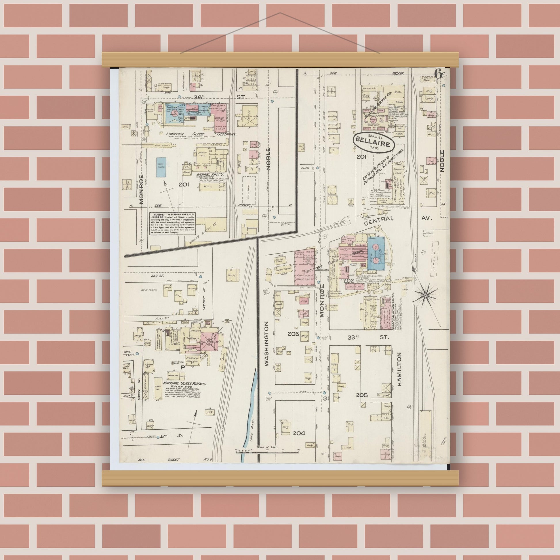 Old map wall art mockup — magnetic wood frame on brick wall — Sanborn Fire Insurance Map from Bellaire, Belmont County, Ohio (1884), Sheet #0006