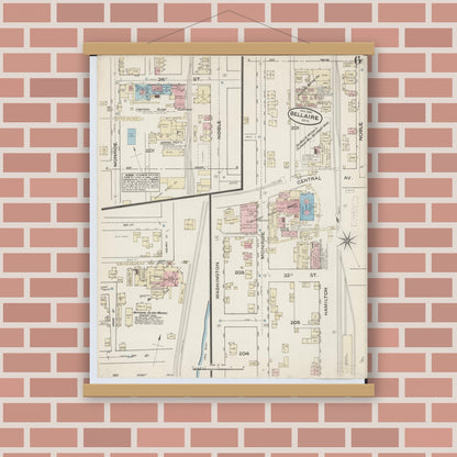 Old map wall art mockup — magnetic wood frame on brick wall — Sanborn Fire Insurance Map from Bellaire, Belmont County, Ohio (1884), Sheet #0006