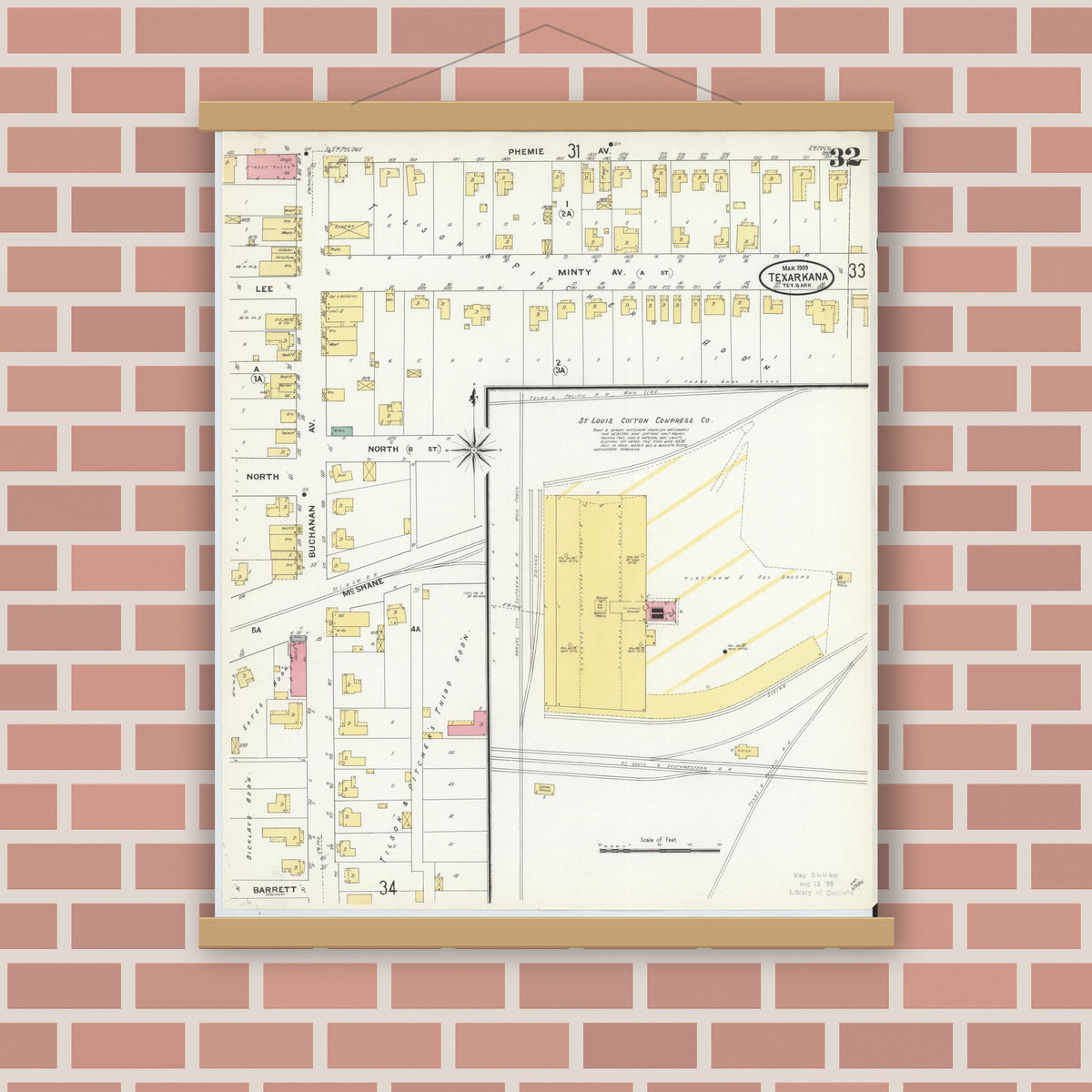 Old map wall art mockup — magnetic wood frame on brick wall — Sanborn Fire Insurance Map from Texarkana, Bowie County, Texas (1909), Sheet #0032