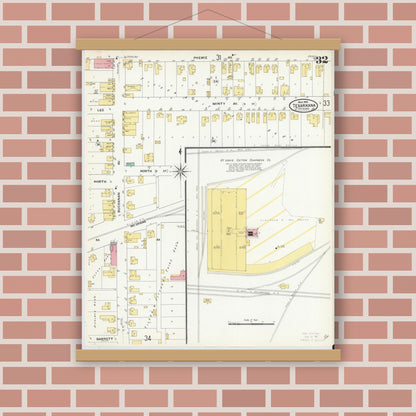 Old map wall art mockup — magnetic wood frame on brick wall — Sanborn Fire Insurance Map from Texarkana, Bowie County, Texas (1909), Sheet #0032