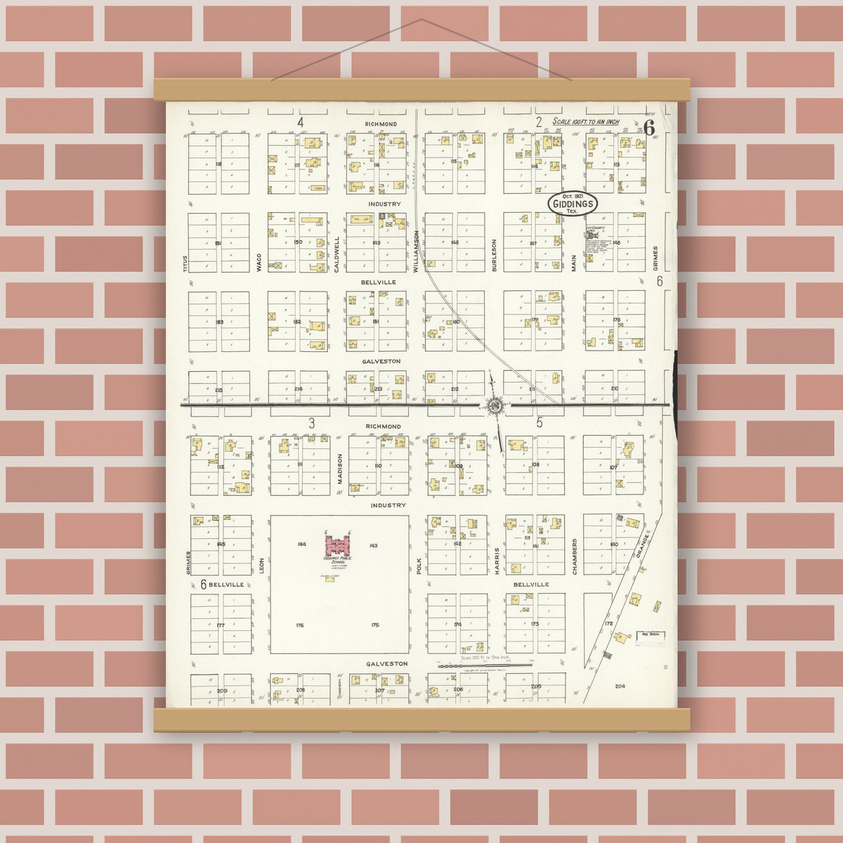 Old map wall art mockup — magnetic wood frame on brick wall — Sanborn Fire Insurance Map from Giddings, Lee County, Texas (1921), Sheet #0006