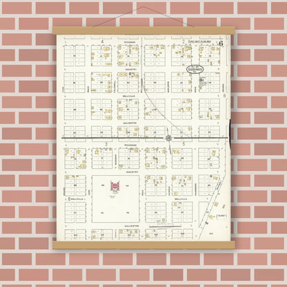 Old map wall art mockup — magnetic wood frame on brick wall — Sanborn Fire Insurance Map from Giddings, Lee County, Texas (1921), Sheet #0006