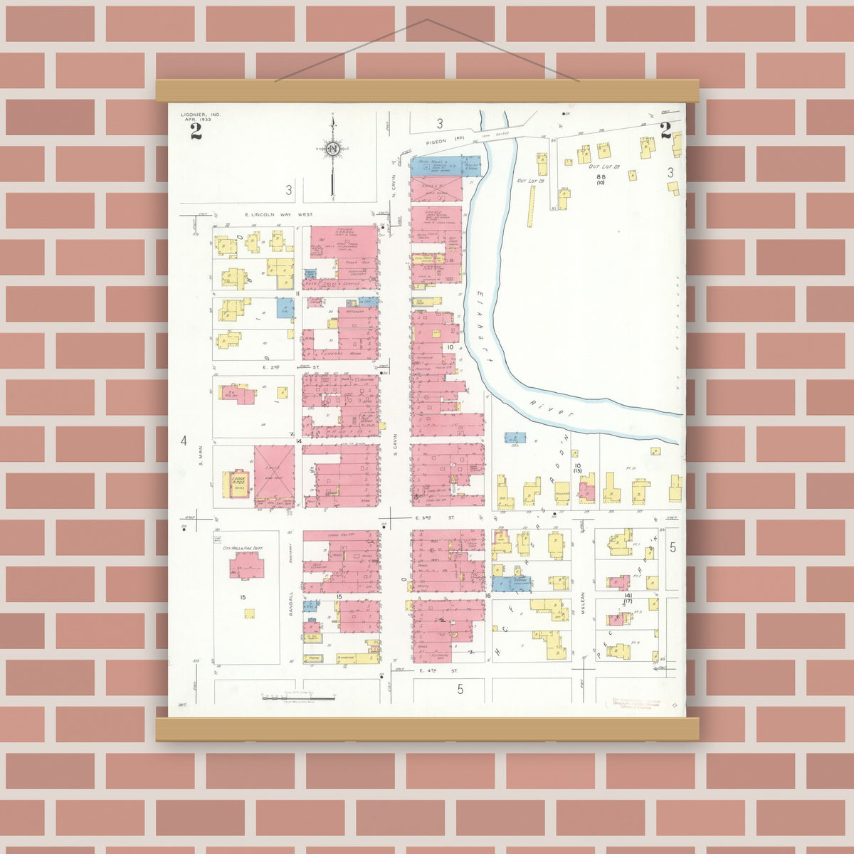Old map wall art mockup — magnetic wood frame on brick wall — Sanborn Fire Insurance Map from Ligonier, Noble County, Indiana (1933), Sheet #0002