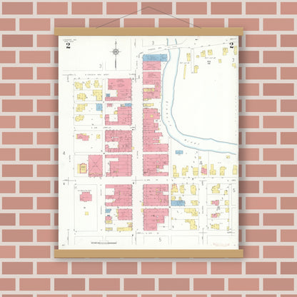 Old map wall art mockup — magnetic wood frame on brick wall — Sanborn Fire Insurance Map from Ligonier, Noble County, Indiana (1933), Sheet #0002