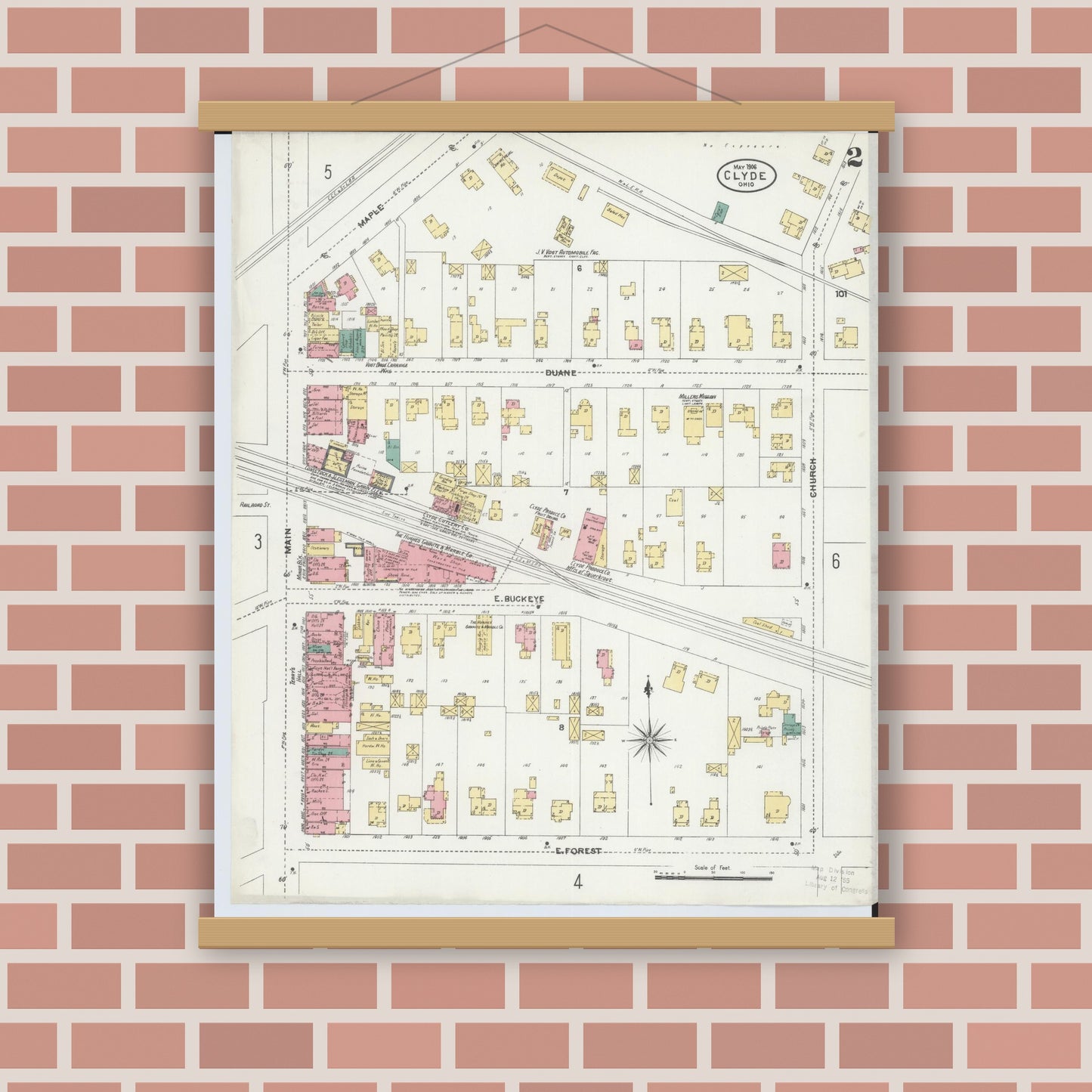 Old map wall art mockup — magnetic wood frame on brick wall — Sanborn Fire Insurance Map from Clyde, Sandusky County, Ohio (1906), Sheet #0002