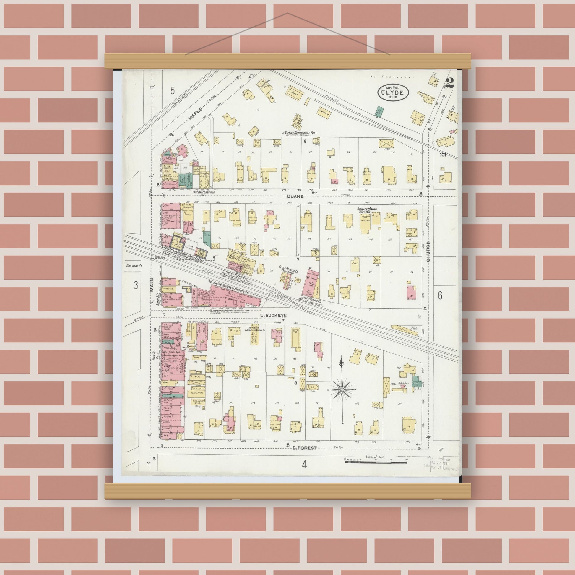 Old map wall art mockup — magnetic wood frame on brick wall — Sanborn Fire Insurance Map from Clyde, Sandusky County, Ohio (1906), Sheet #0002