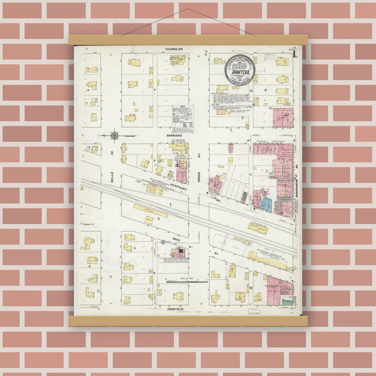 Old map wall art mockup — magnetic wood frame on brick wall — Sanborn Fire Insurance Map from Rantoul, Champaign County, Illinois (1910), Sheet #0001