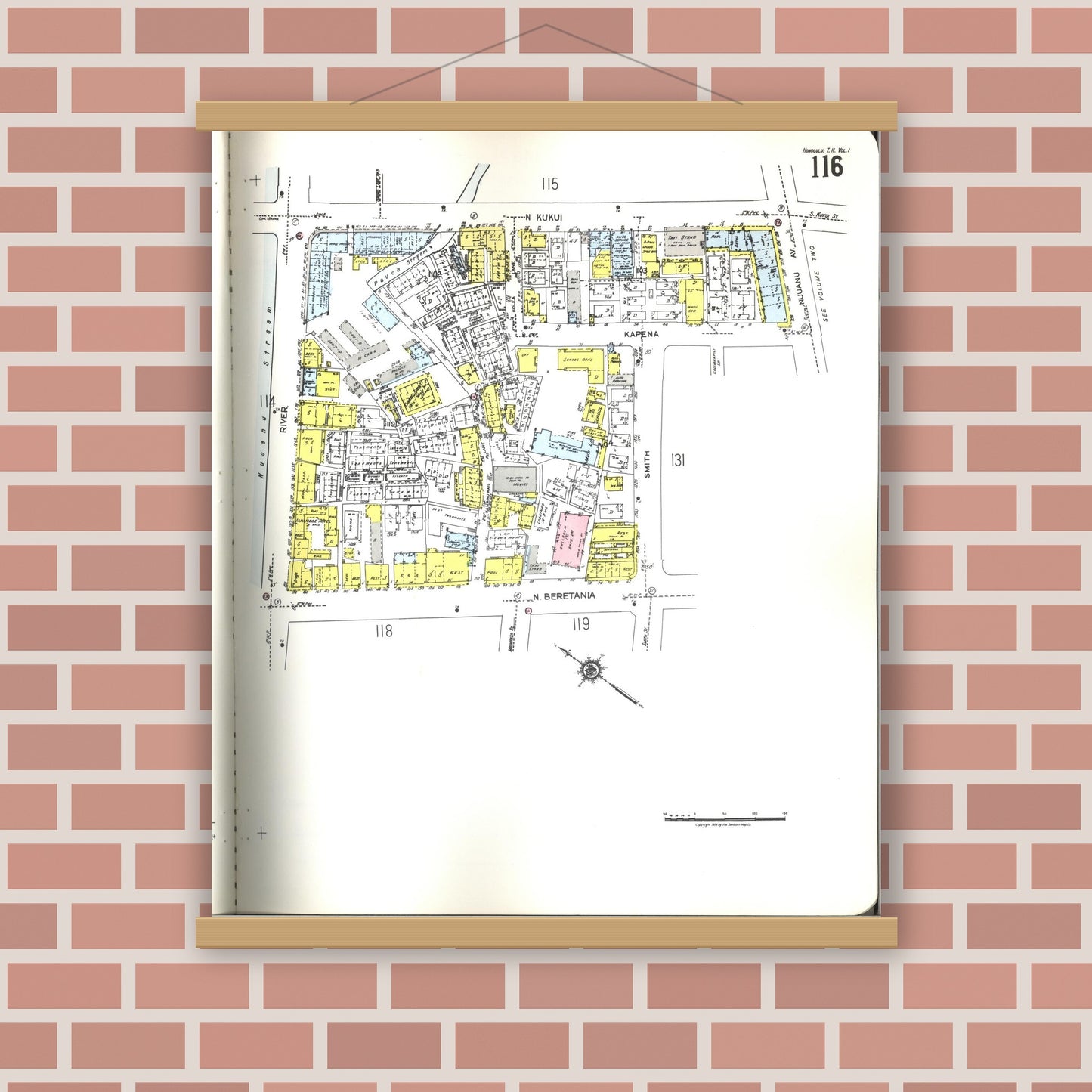 Old map wall art mockup — magnetic wood frame on brick wall — Sanborn Fire Insurance Map from Honolulu, Oahu County, Hawaii (1955), Sheet #0116