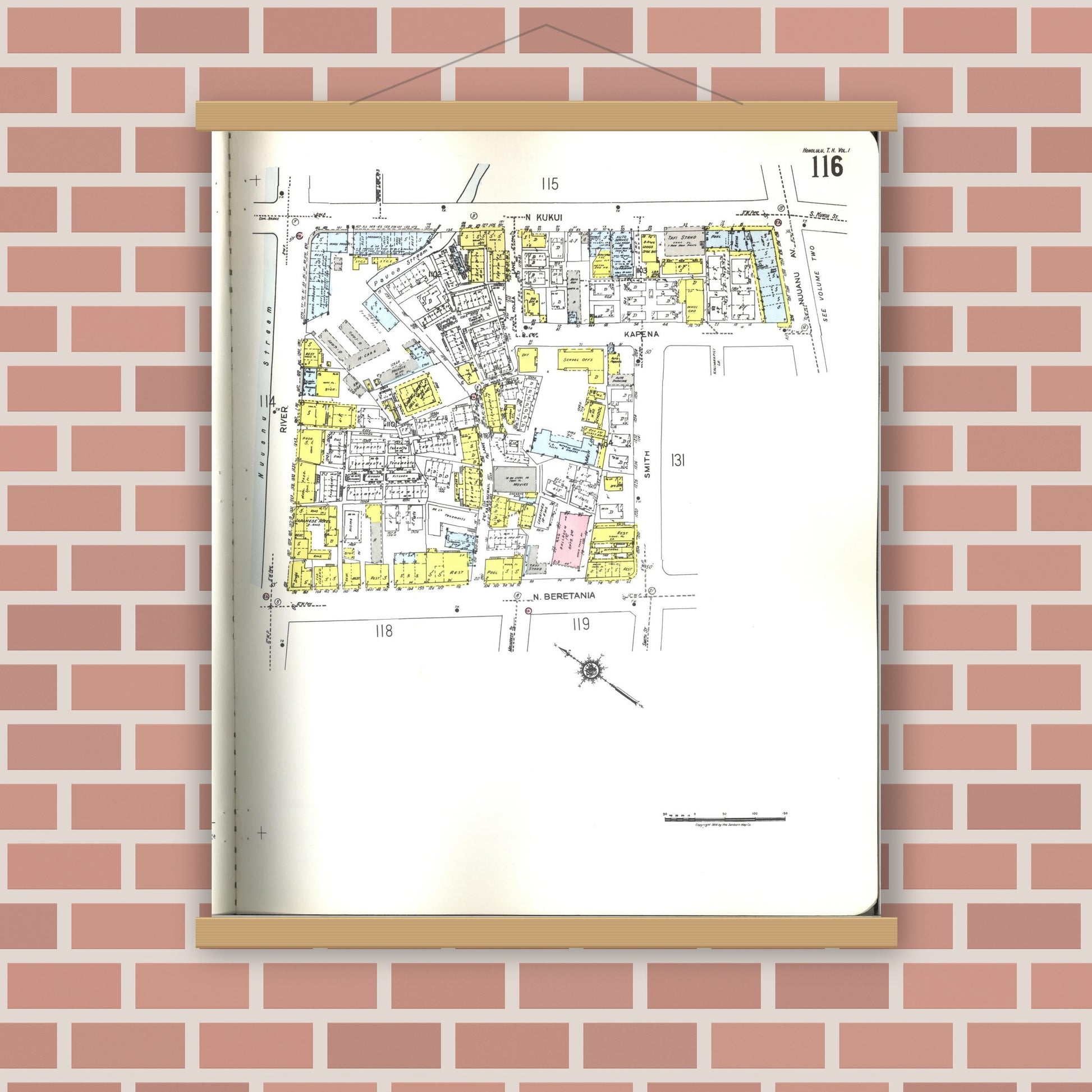 Old map wall art mockup — magnetic wood frame on brick wall — Sanborn Fire Insurance Map from Honolulu, Oahu County, Hawaii (1955), Sheet #0116