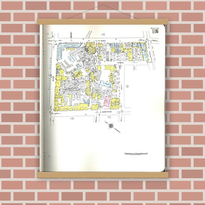 Old map wall art mockup — magnetic wood frame on brick wall — Sanborn Fire Insurance Map from Honolulu, Oahu County, Hawaii (1955), Sheet #0116
