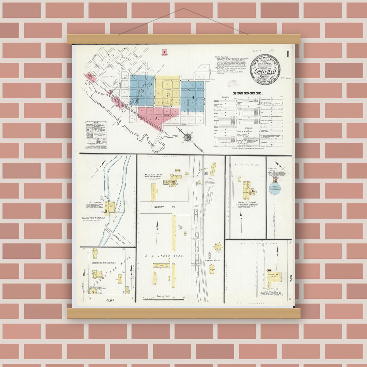 Old map wall art mockup — magnetic wood frame on brick wall — Sanborn Fire Insurance Map from Chatfield, Fillmore And Olmsted Counties, Minnesota (1910) - Complete Map Set