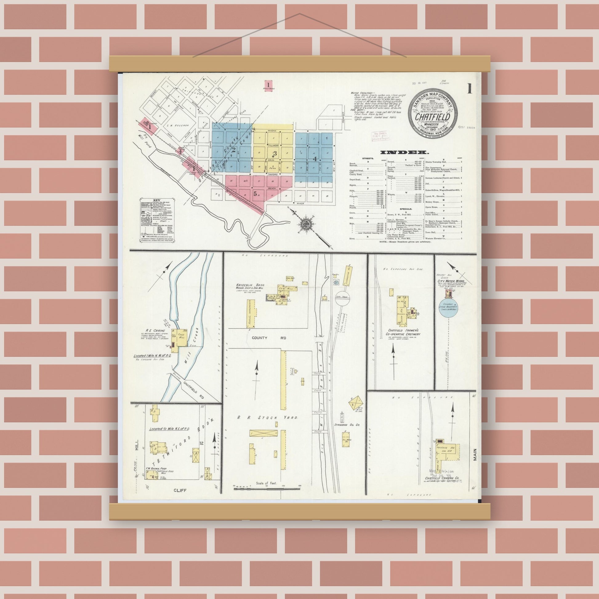 Old map wall art mockup — magnetic wood frame on brick wall — Sanborn Fire Insurance Map from Chatfield, Fillmore And Olmsted Counties, Minnesota (1910) - Complete Map Set