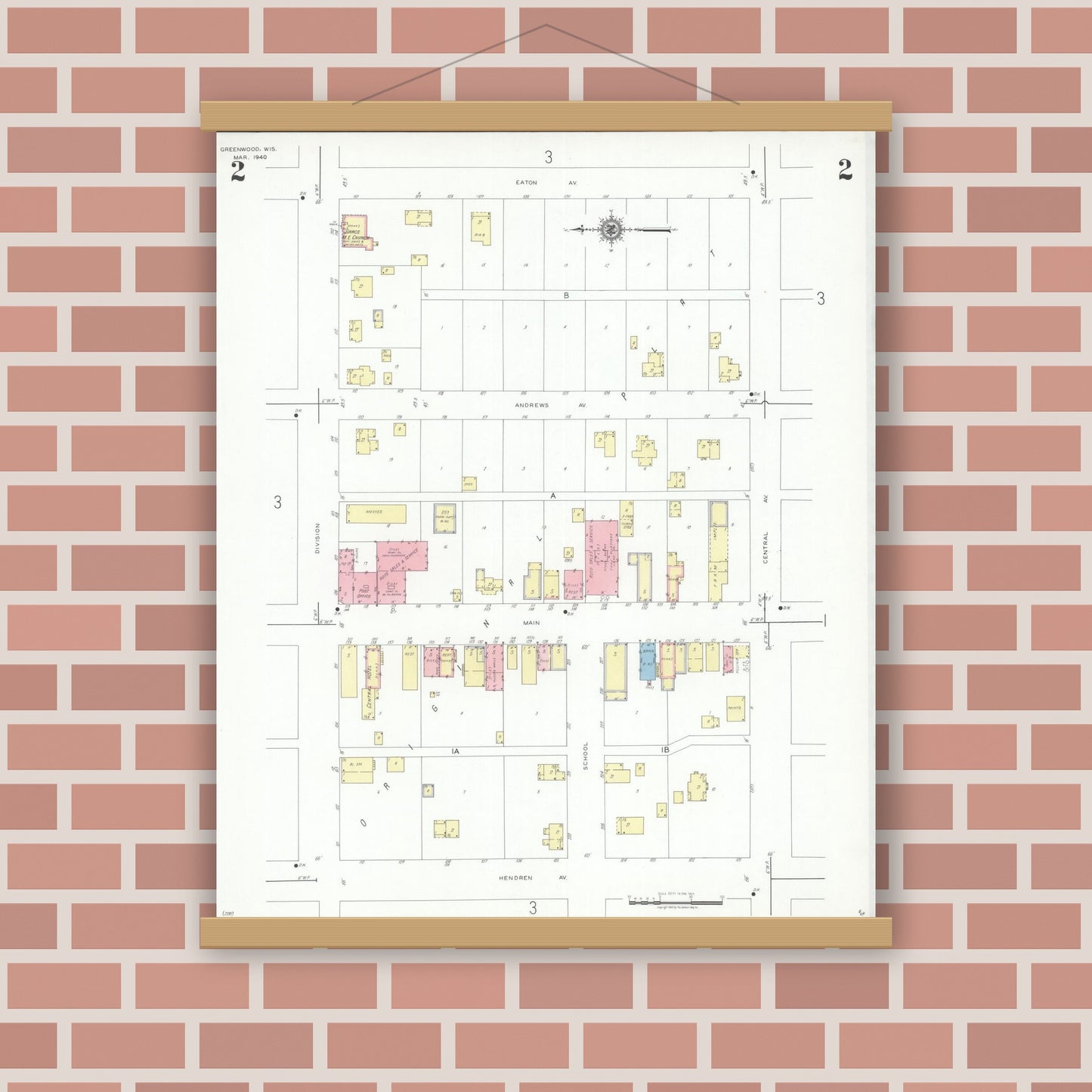 Old map wall art mockup — magnetic wood frame on brick wall — Sanborn Fire Insurance Map from Greenwood, Clark County, Wisconsin (1940), Sheet #0002