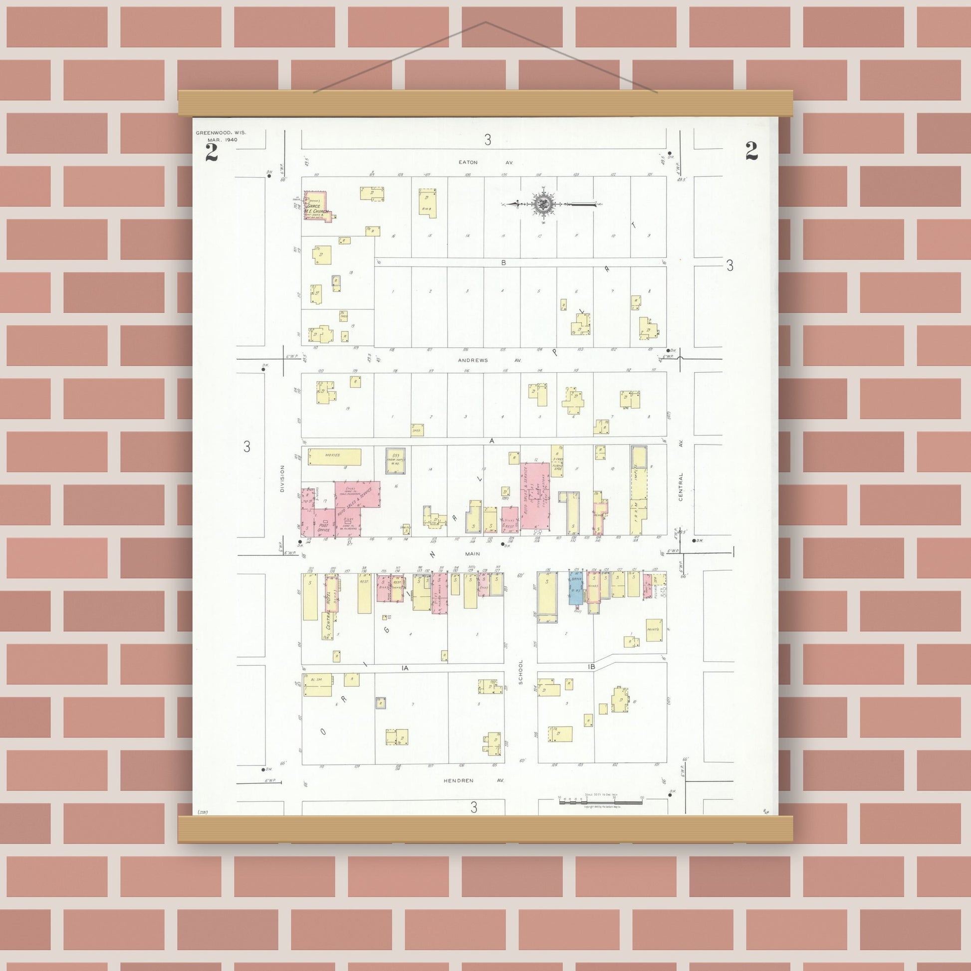Old map wall art mockup — magnetic wood frame on brick wall — Sanborn Fire Insurance Map from Greenwood, Clark County, Wisconsin (1940), Sheet #0002