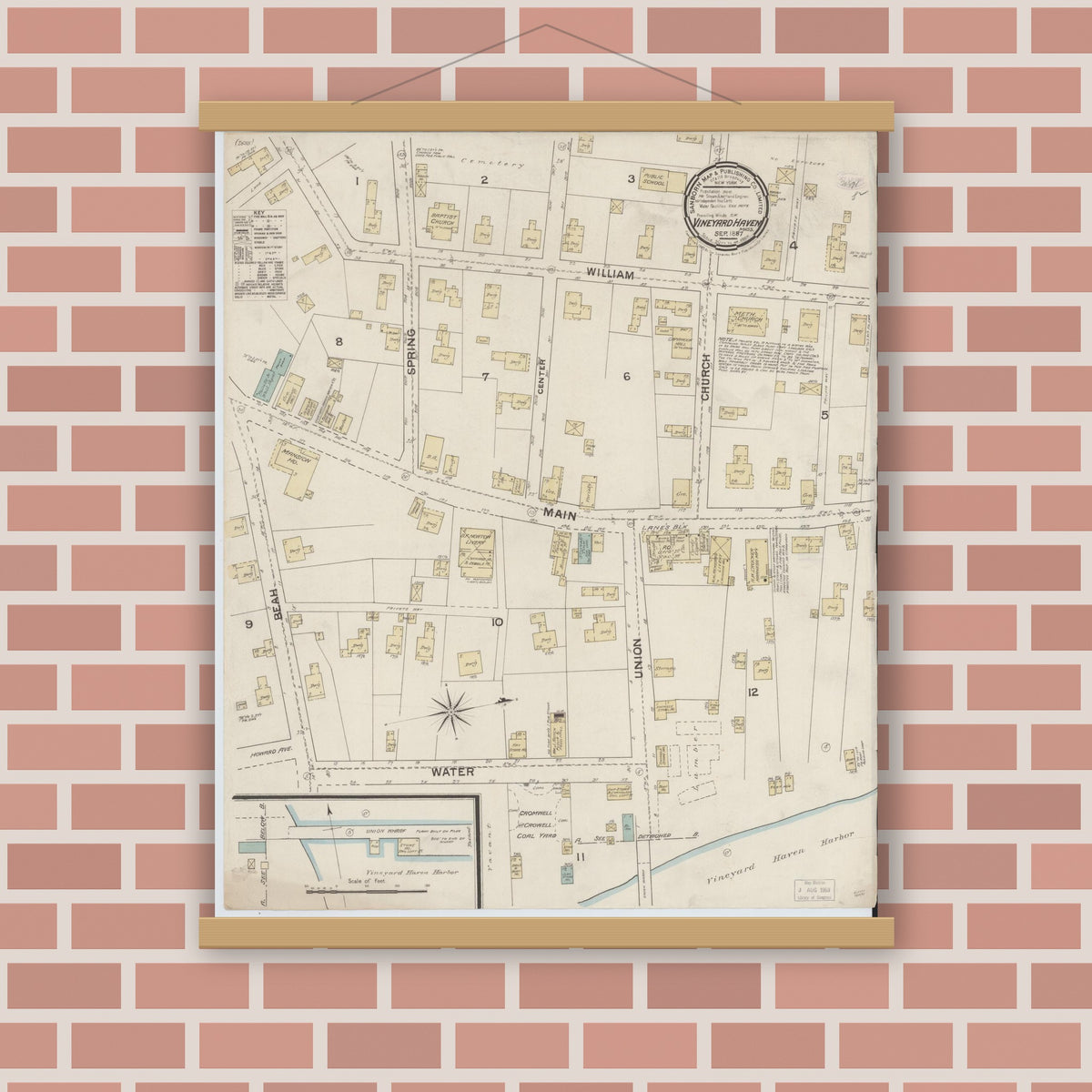 Old map wall art mockup — magnetic wood frame on brick wall — Sanborn Fire Insurance Map from Vineyard Haven, Dukes County, Massachusetts (1887), Sheet #0001