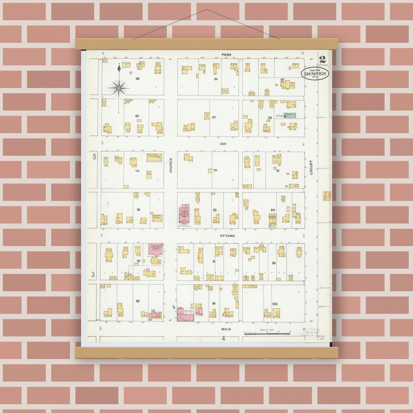 Old map wall art mockup — magnetic wood frame on brick wall — Sanborn Fire Insurance Map from Oak Harbor, Ottawa County, Ohio (1904), Sheet #0002