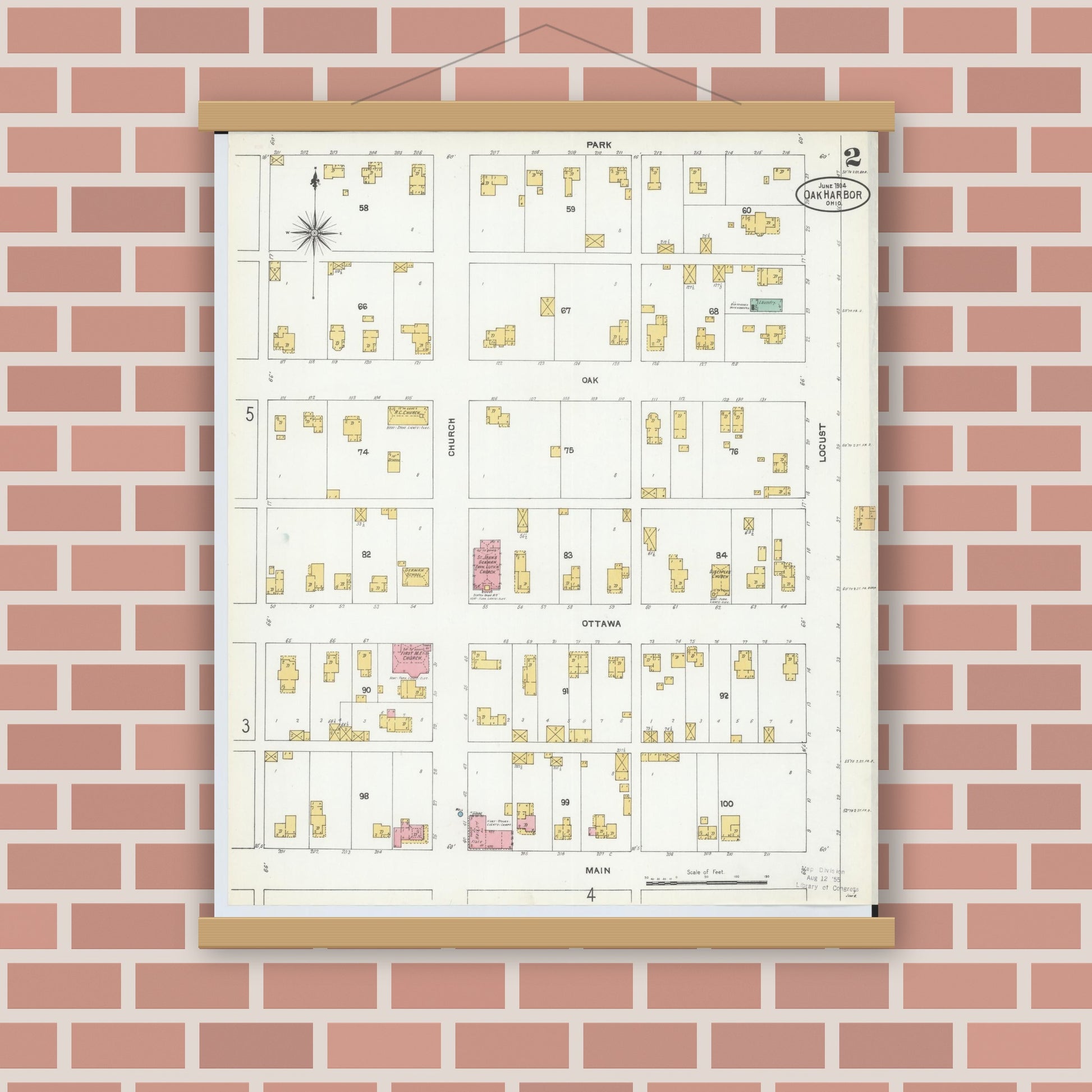 Old map wall art mockup — magnetic wood frame on brick wall — Sanborn Fire Insurance Map from Oak Harbor, Ottawa County, Ohio (1904), Sheet #0002