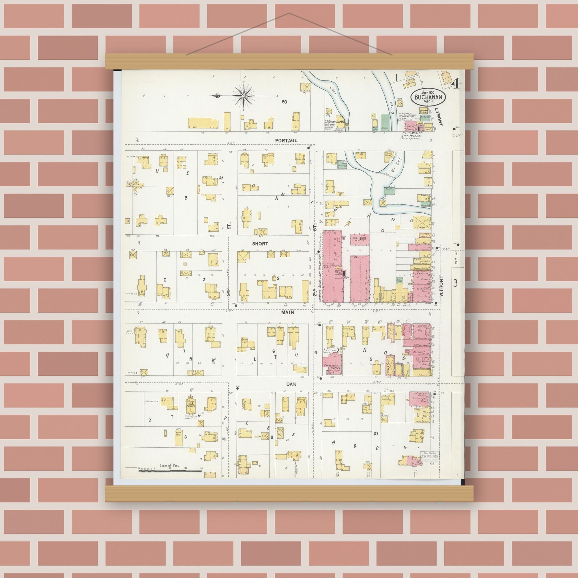 Old map wall art mockup — magnetic wood frame on brick wall — Sanborn Fire Insurance Map from Buchanan, Berrien County, Michigan (1900), Sheet #0004