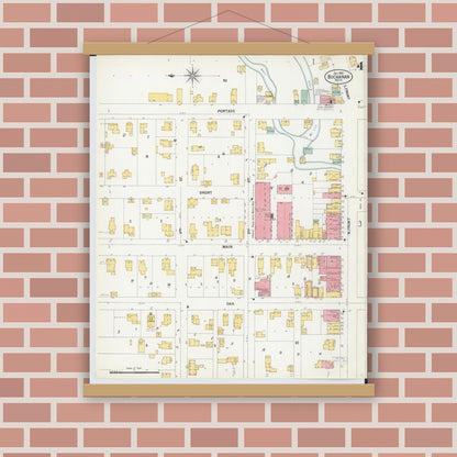 Old map wall art mockup — magnetic wood frame on brick wall — Sanborn Fire Insurance Map from Buchanan, Berrien County, Michigan (1900), Sheet #0004