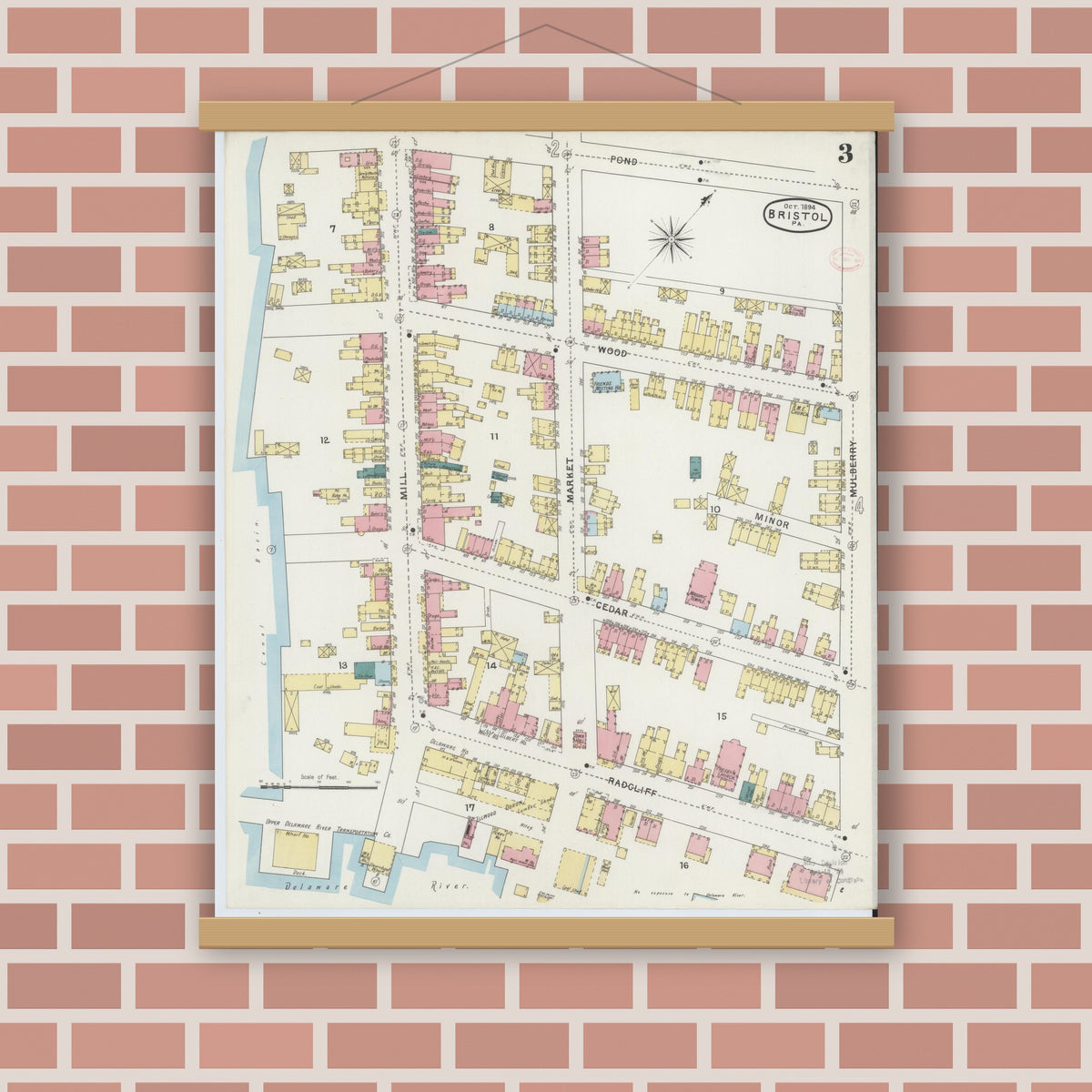Old map wall art mockup — magnetic wood frame on brick wall — Sanborn Fire Insurance Map from Bristol, Bucks County, Pennsylvania (1894), Sheet #0003