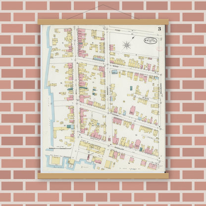 Old map wall art mockup — magnetic wood frame on brick wall — Sanborn Fire Insurance Map from Bristol, Bucks County, Pennsylvania (1894), Sheet #0003