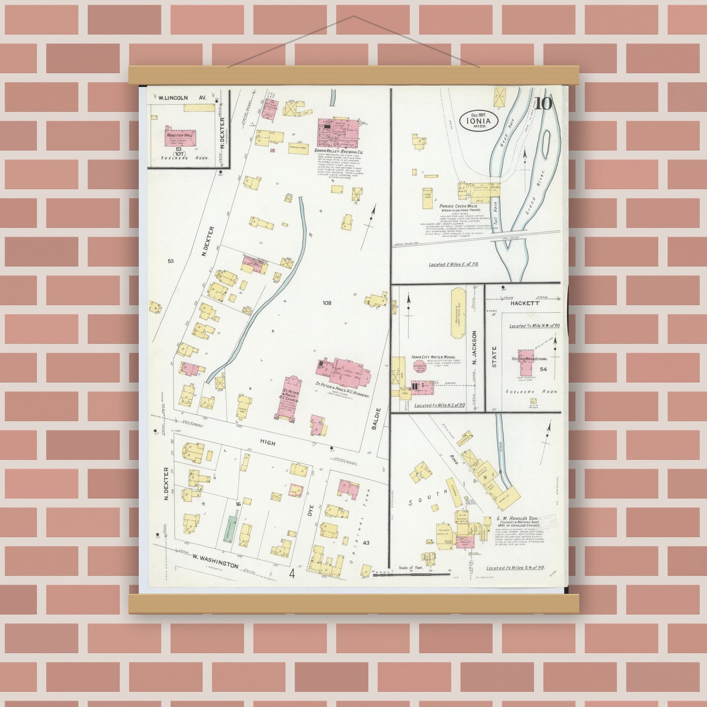 Old map wall art mockup — magnetic wood frame on brick wall — Sanborn Fire Insurance Map from Ionia, Ionia County, Michigan (1907), Sheet #0010