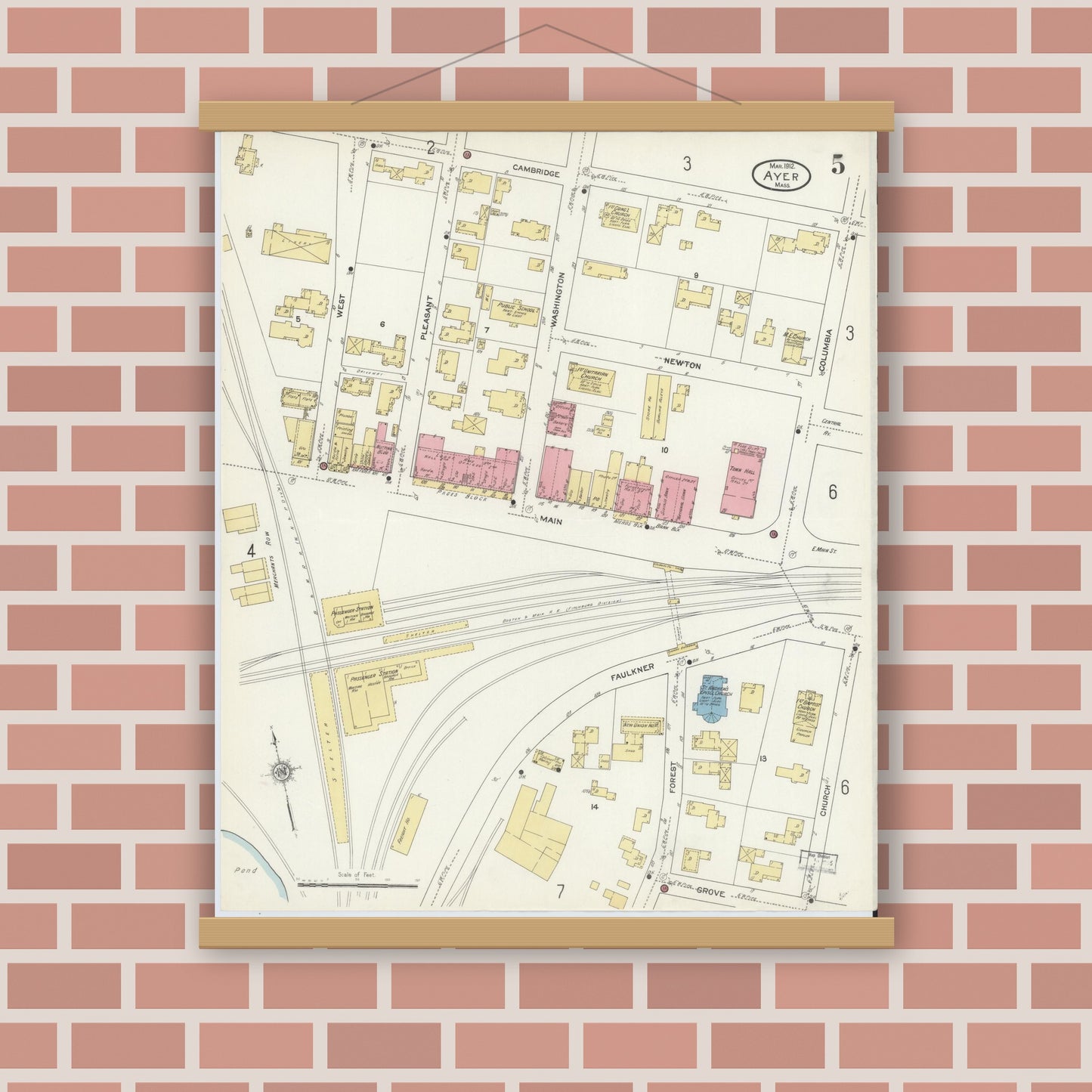 Old map wall art mockup — magnetic wood frame on brick wall — Sanborn Fire Insurance Map from Ayer, Middlesex County, Massachusetts (1912), Sheet #0005