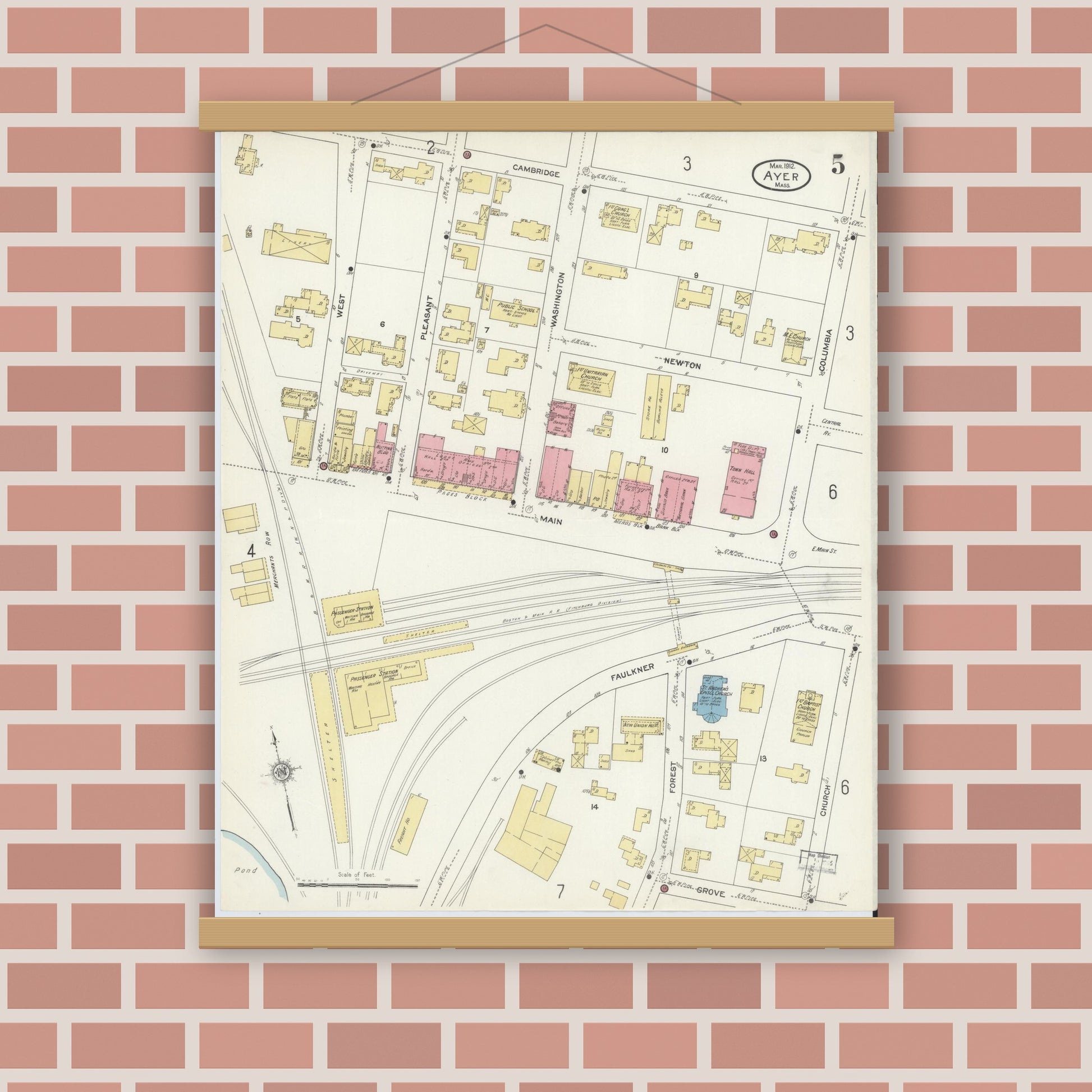Old map wall art mockup — magnetic wood frame on brick wall — Sanborn Fire Insurance Map from Ayer, Middlesex County, Massachusetts (1912), Sheet #0005
