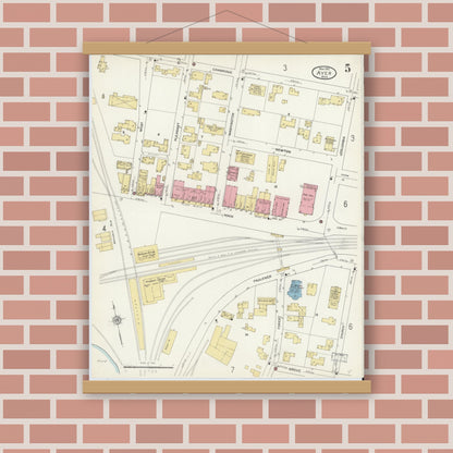 Old map wall art mockup — magnetic wood frame on brick wall — Sanborn Fire Insurance Map from Ayer, Middlesex County, Massachusetts (1912), Sheet #0005