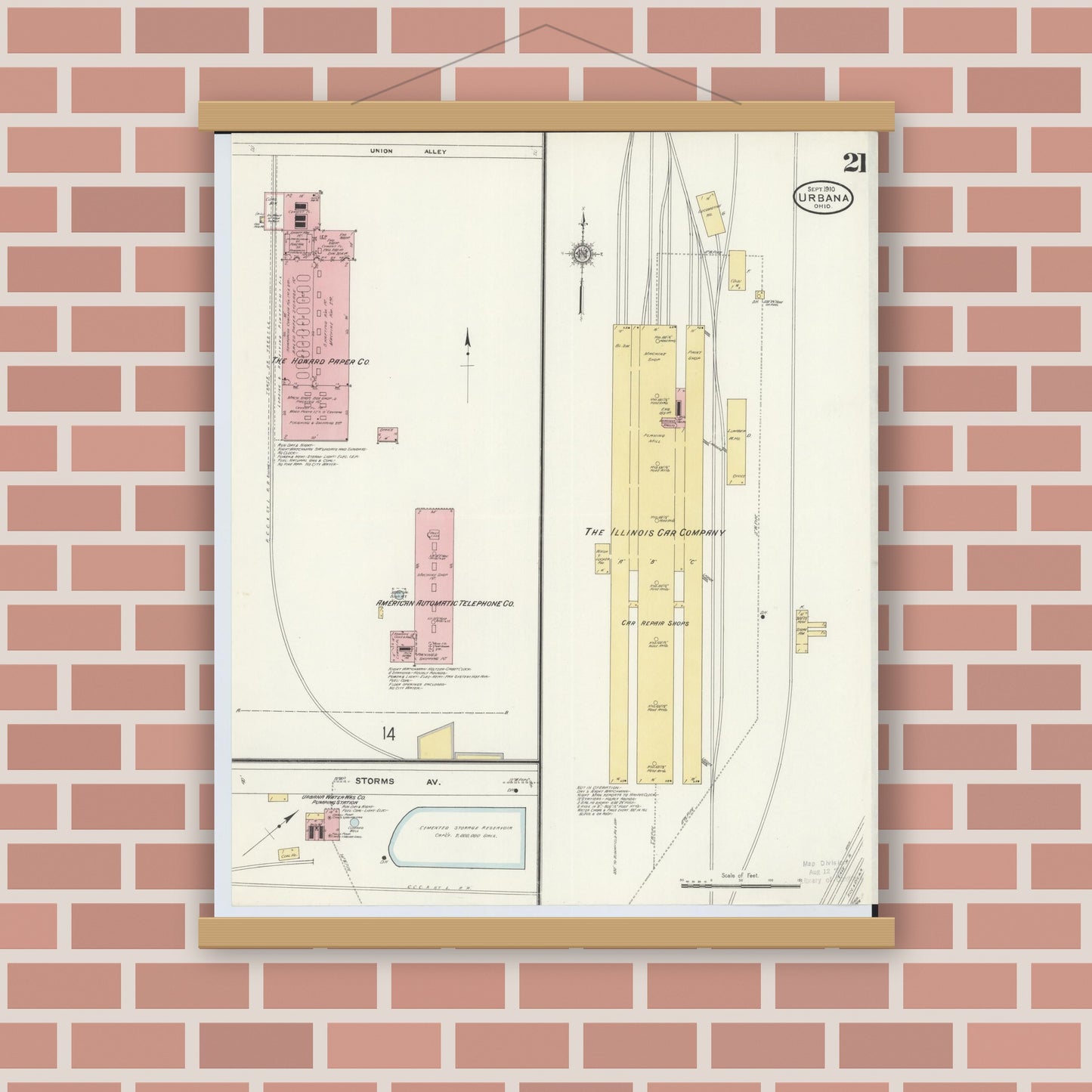 Old map wall art mockup — magnetic wood frame on brick wall — Sanborn Fire Insurance Map from Urbana, Champaign County, Ohio (1910), Sheet #0021