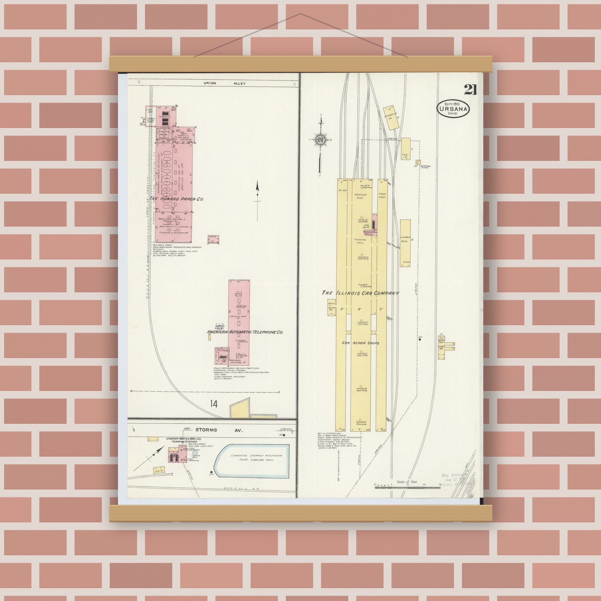 Old map wall art mockup — magnetic wood frame on brick wall — Sanborn Fire Insurance Map from Urbana, Champaign County, Ohio (1910), Sheet #0021