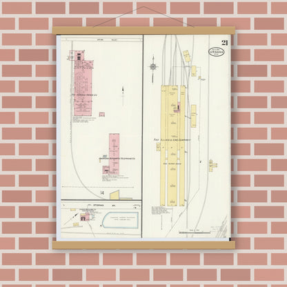 Old map wall art mockup — magnetic wood frame on brick wall — Sanborn Fire Insurance Map from Urbana, Champaign County, Ohio (1910), Sheet #0021