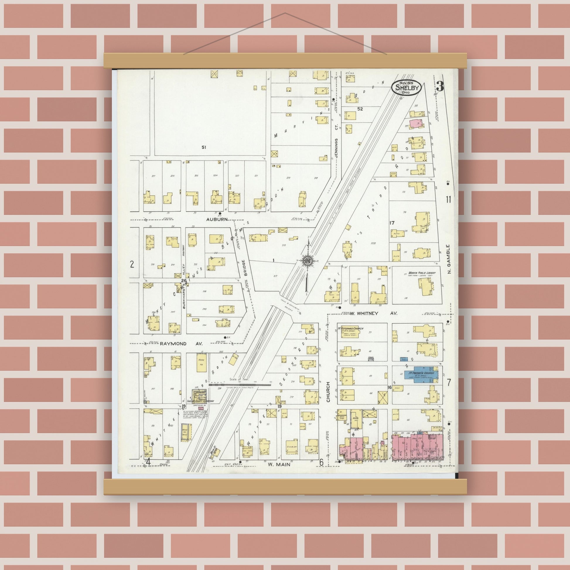 Old map wall art mockup — magnetic wood frame on brick wall — Sanborn Fire Insurance Map from Shelby, Richland County, Ohio (1919), Sheet #0003