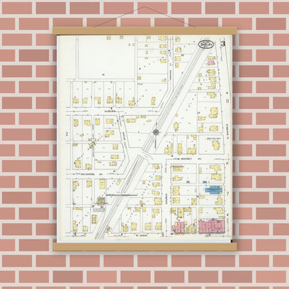 Old map wall art mockup — magnetic wood frame on brick wall — Sanborn Fire Insurance Map from Shelby, Richland County, Ohio (1919), Sheet #0003