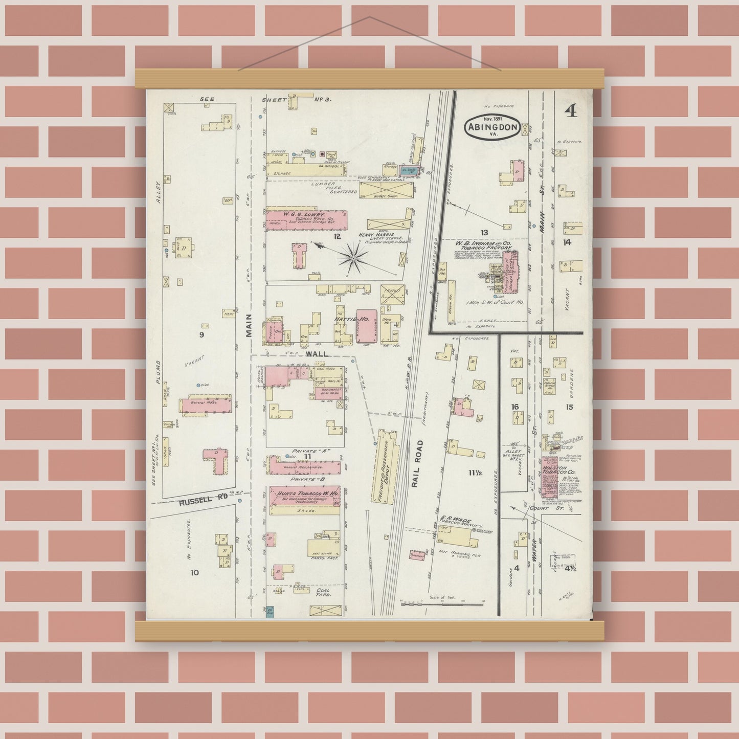 Old map wall art mockup — magnetic wood frame on brick wall — Sanborn Fire Insurance Map from Abingdon, Washington County, Virginia (1891), Sheet #0004