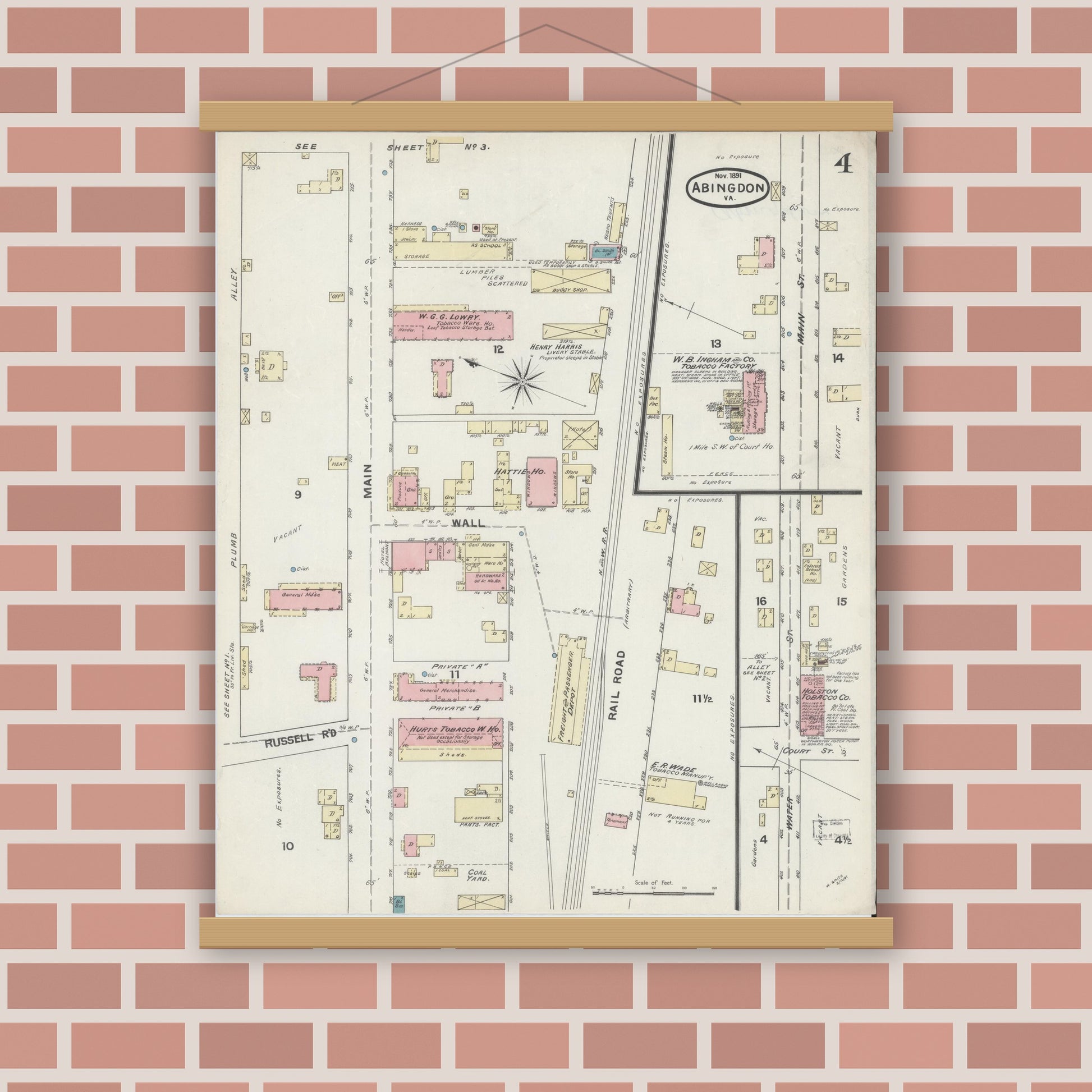 Old map wall art mockup — magnetic wood frame on brick wall — Sanborn Fire Insurance Map from Abingdon, Washington County, Virginia (1891), Sheet #0004